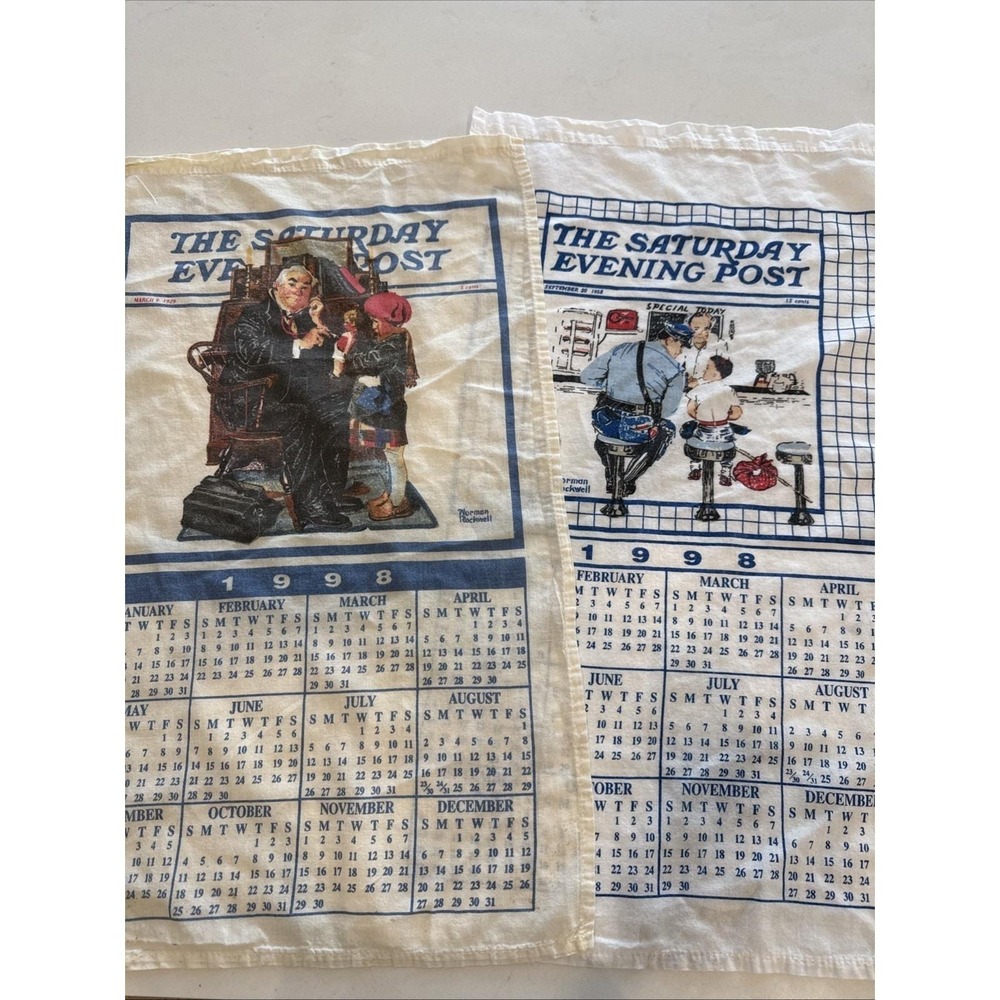 Vintage 1998 Norman Rockwell Saturday Evening Post Linen Calendar Tea Towels 2pk